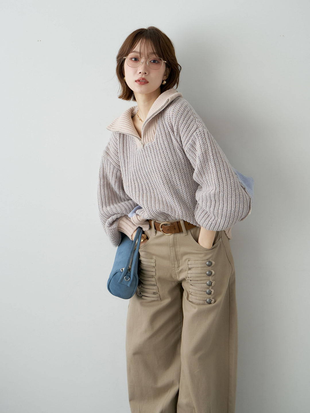 [予約]バイカラーハーフジップリブニットトップス/beige