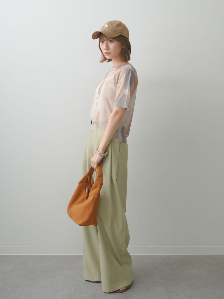 [SET]水彩アートシアーTシャツ+アシンメトリーベルトタックワイドパンツ(2set)