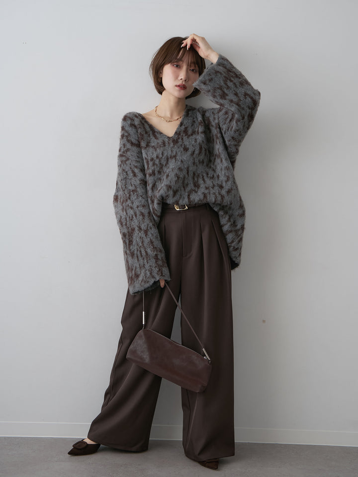 [SET]レオパードVネックシャギーニットトップス+ツイルタックワイドパンツ(2set)