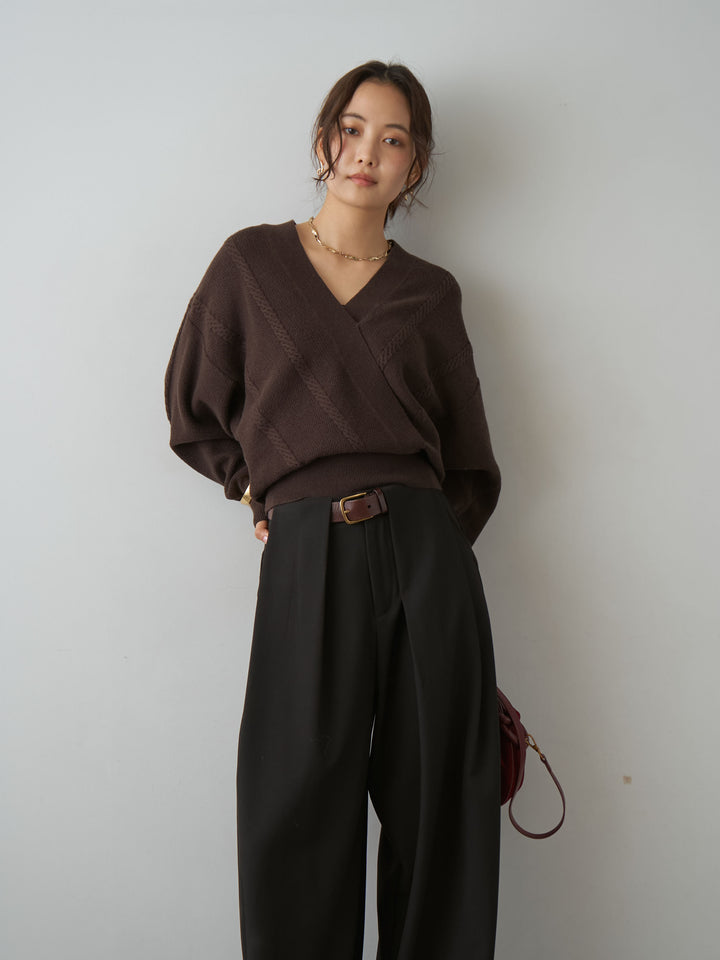 [SET]カシュクールミックスケーブルニットトップス+ベルトループデザインワイドパンツ(2set)