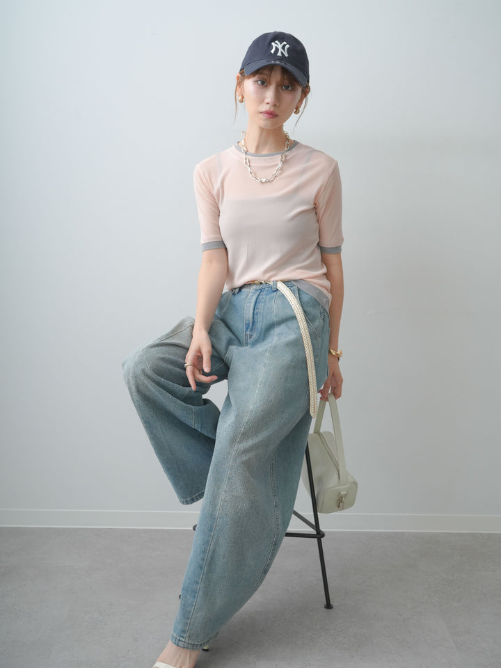 [SET]トリムレイヤードシアー半袖トップス+フロントビジューカーブデニムパンツ(2set)