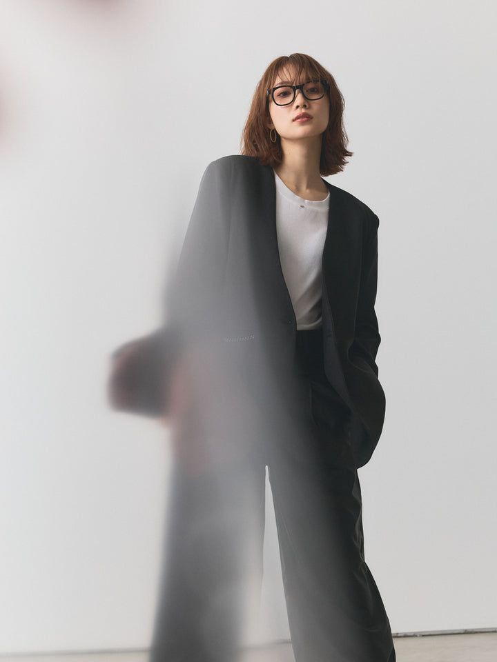 【Allure】[SET]モチーフ付Uネックシアーカットソー+ノーカラーステッチデザインジャケット(2set)