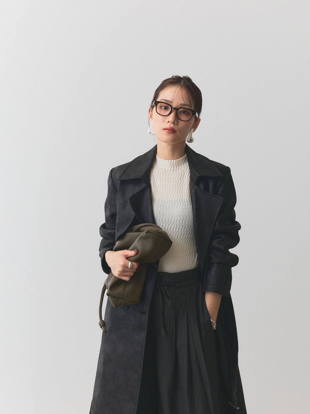 【Allure】[SET]デザインリブハーフニットトップス+ヴィンテージレザートレンチコート(2set)