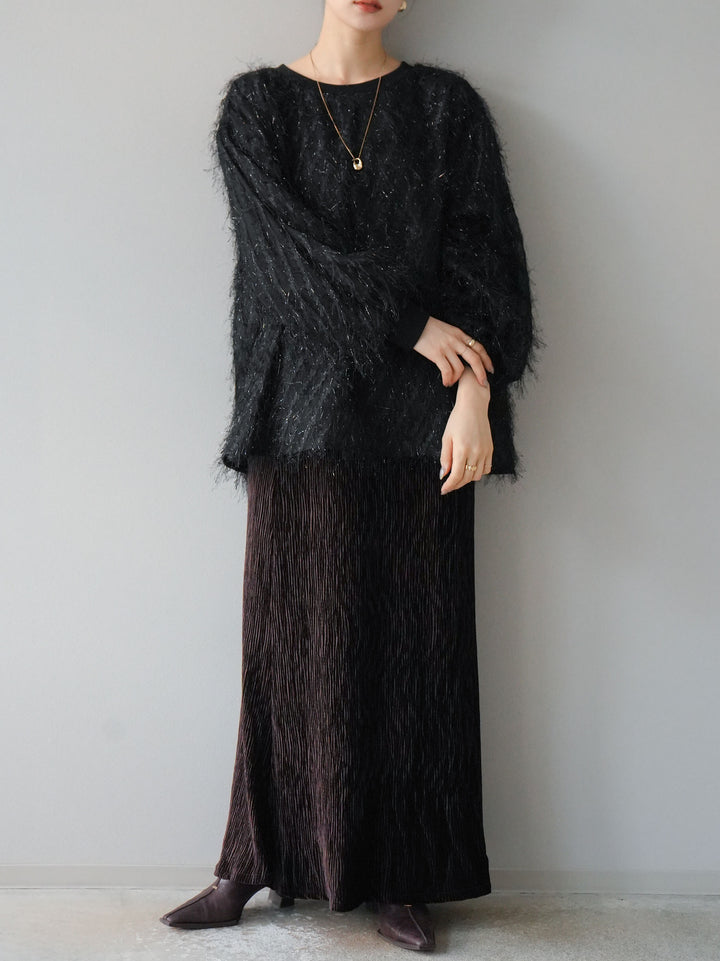 【預購】流蘇薄紗多層抓絨套頭衫/黑