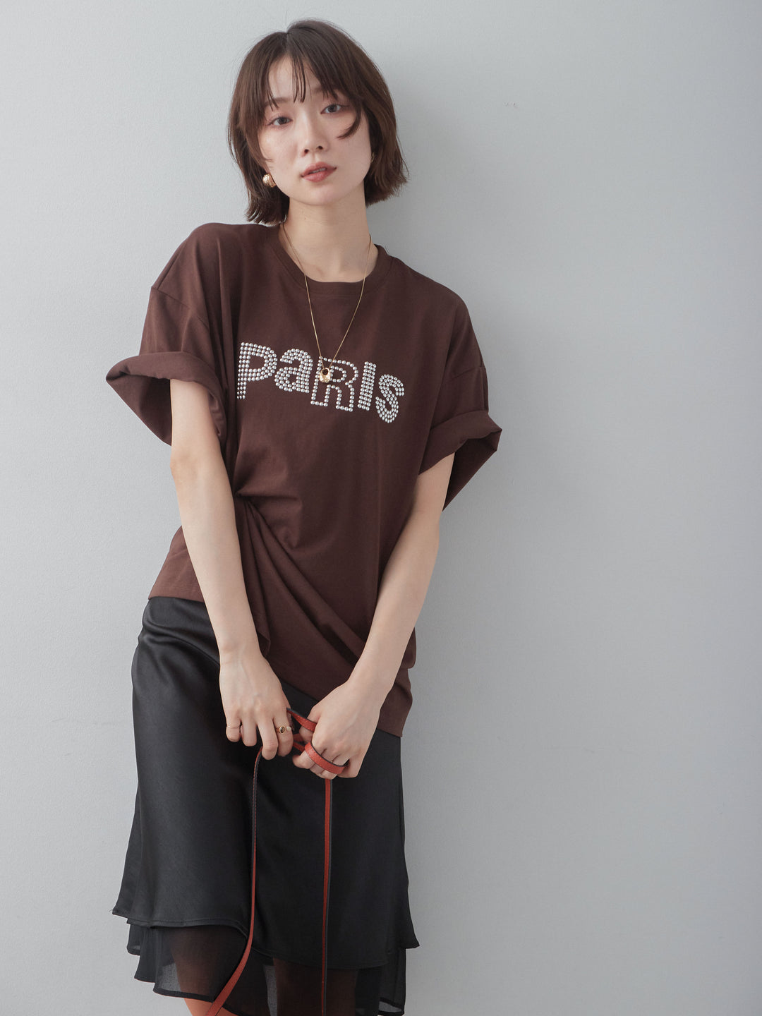 [SET]スタッズロゴTEE+サテンシフォンレイヤードスカート(2set)