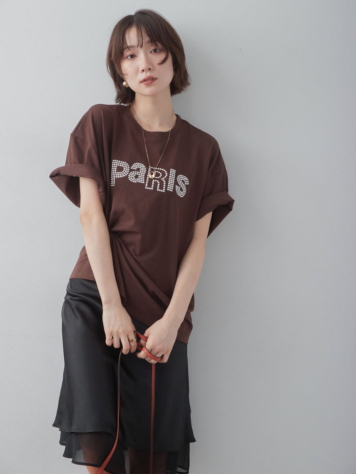 [SET]スタッズロゴTEE+サテンシフォンレイヤードスカート(2set)