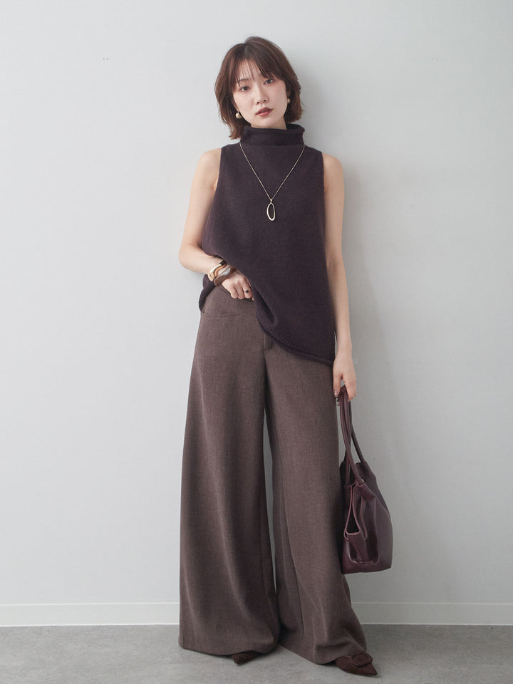 [SET]ハイネックアメスリワイドニットベスト+ベルト付ポケットデザインワイドストレートパンツ(2set)