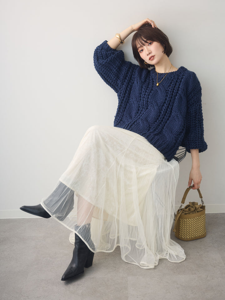[予約]ボリュームケーブルニットプルオーバー/navy