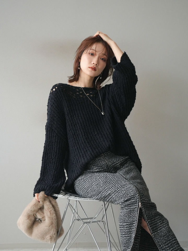 [予約]ボートネック透かし編みニットプルオーバー/navy