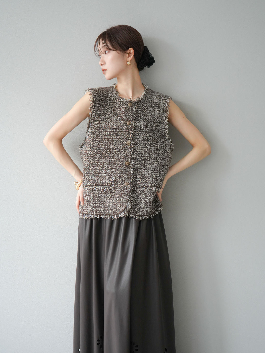 [予約]ミックスツイードフリンジニットベスト/ブラウン