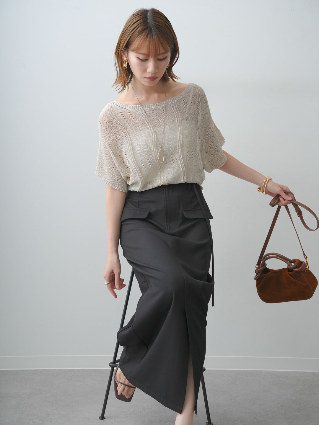 [SET]アイレットサマーニットトップス+クレープデシンフラップ付きストレートスカート(2set)