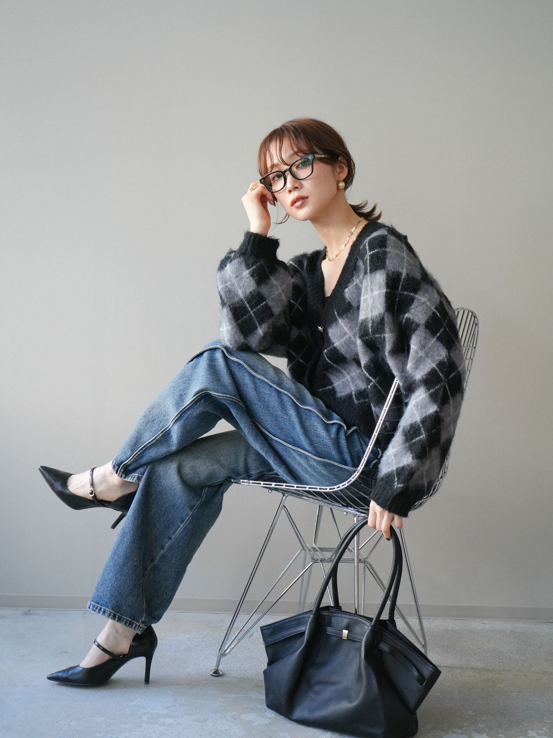 [予約]アーガイルシャギーニットカーディガン/gray