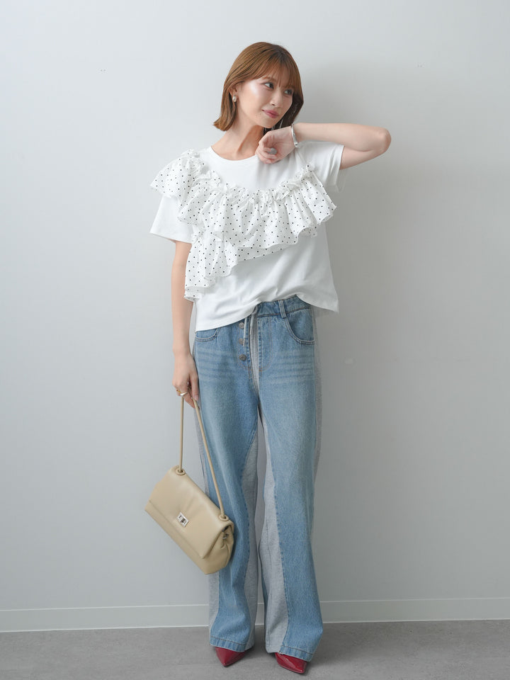 [SET]ドットギャザーフリルデザインTEE+デニム切替スウェットパンツ(2set)
