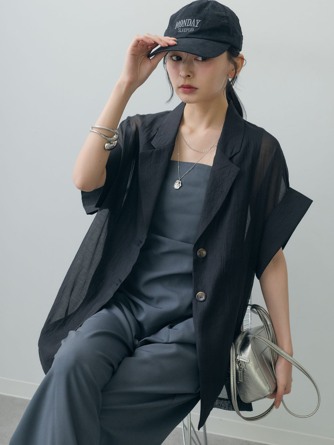 [SET]アシメサイドリボンベアトップス＆タックワイドストレートパンツSET UP(2SET)+シアーオーバー半袖ジャケット(2set)