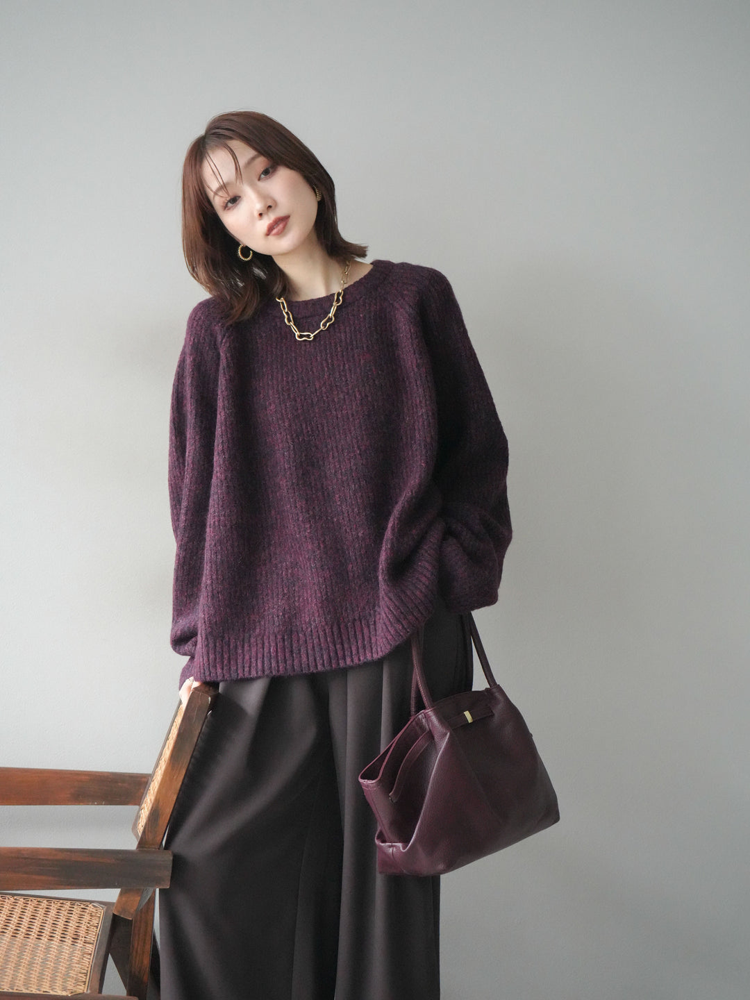 [予約]クルーネック畦編みミックスニット/bordeaux