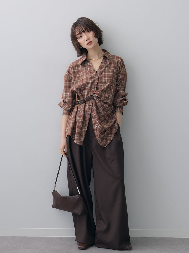 [SET]ベルテッドドレープシャツ+ツイルタックワイドパンツ(2set)
