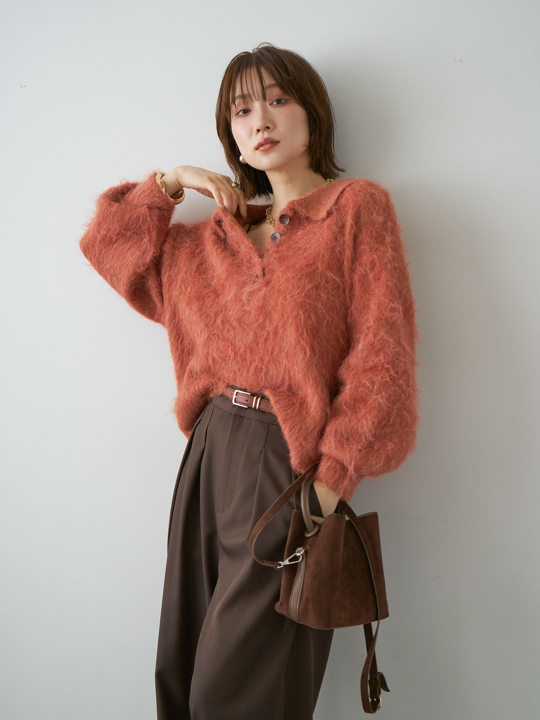 [SET]ヘンリーシャギーニットトップス+選べるアクセセット(2set)