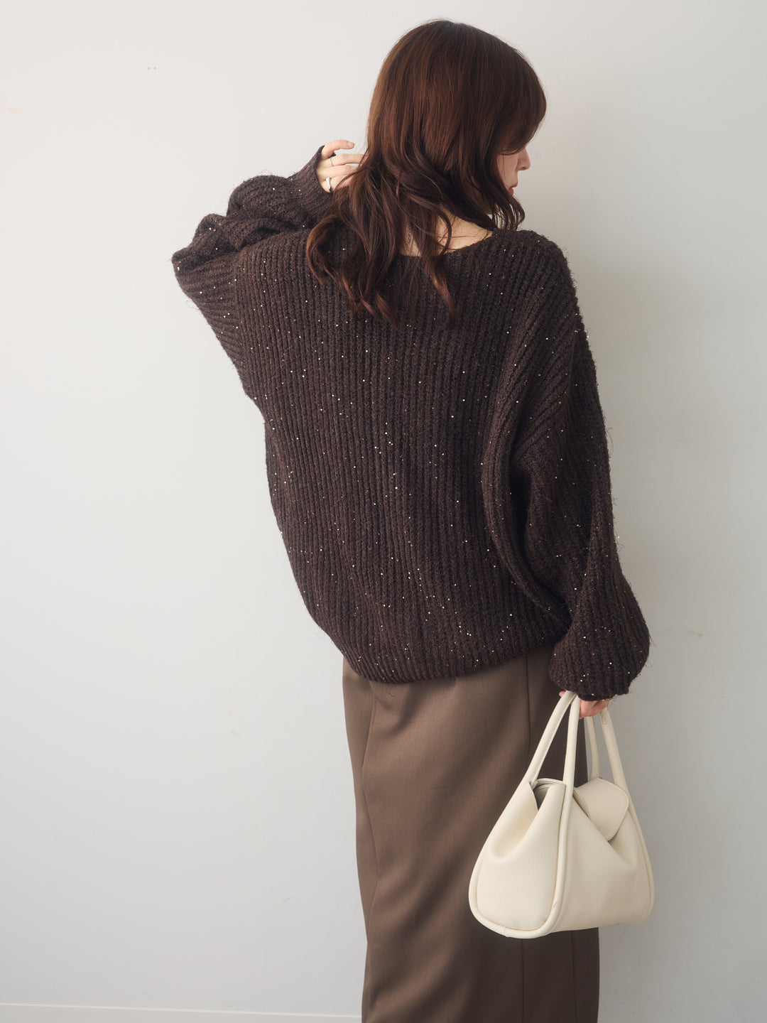 [予約]バルーンスリーブスパンリブニットトップス/brown