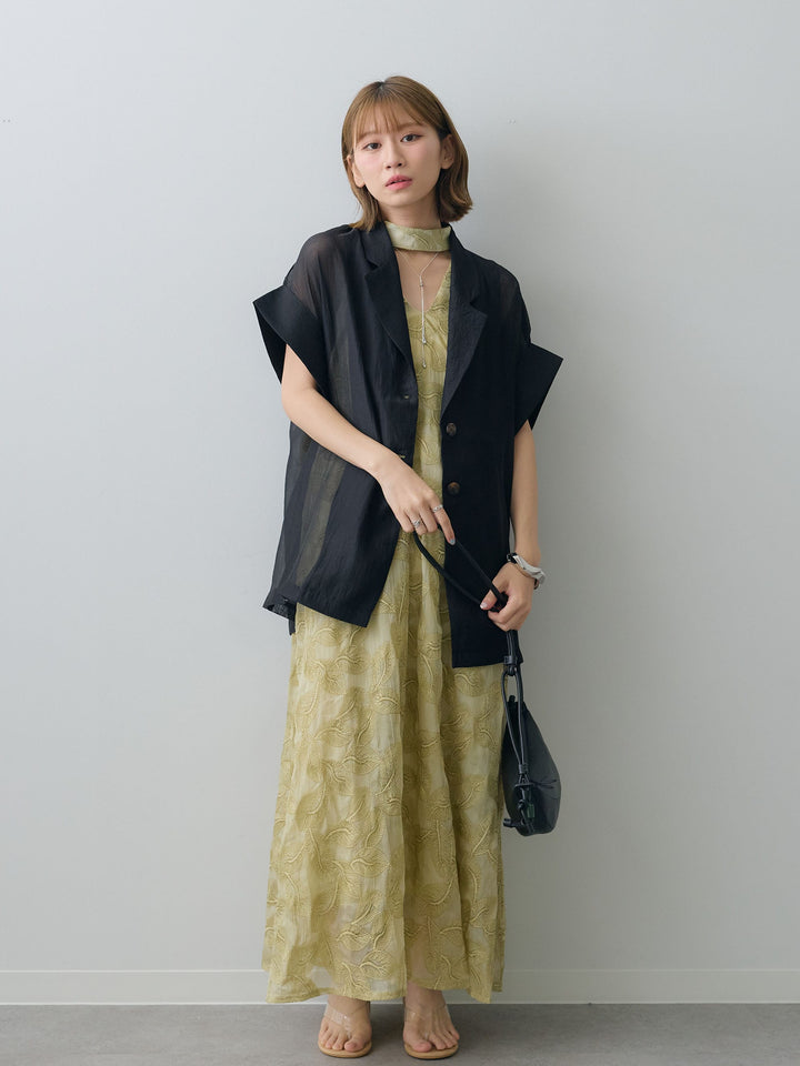 【套裝】葉子刺繡吊帶洋裝+透視寬鬆短袖外套（兩件套）