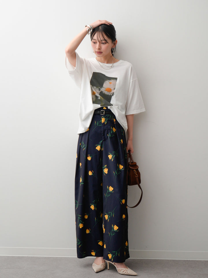 [SET]フラワーフォトTEE+フラワープリントドレープタックパンツ(2set)