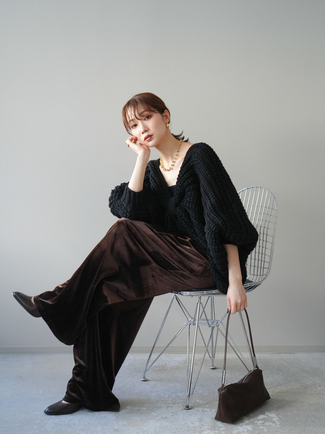 [SET]ローゲージ畦編みドルマンニットボレロ+ベロアベルトスリムパンツ(2set)