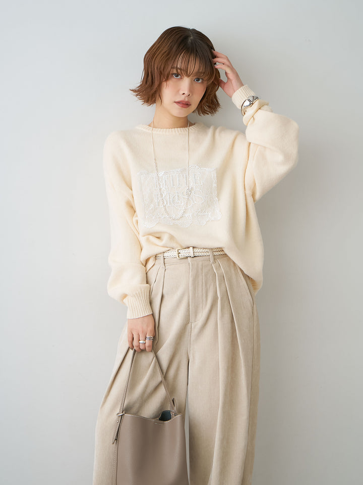 [予約]アルパカタッチ刺繍レースロゴニットプルオーバー/ivory