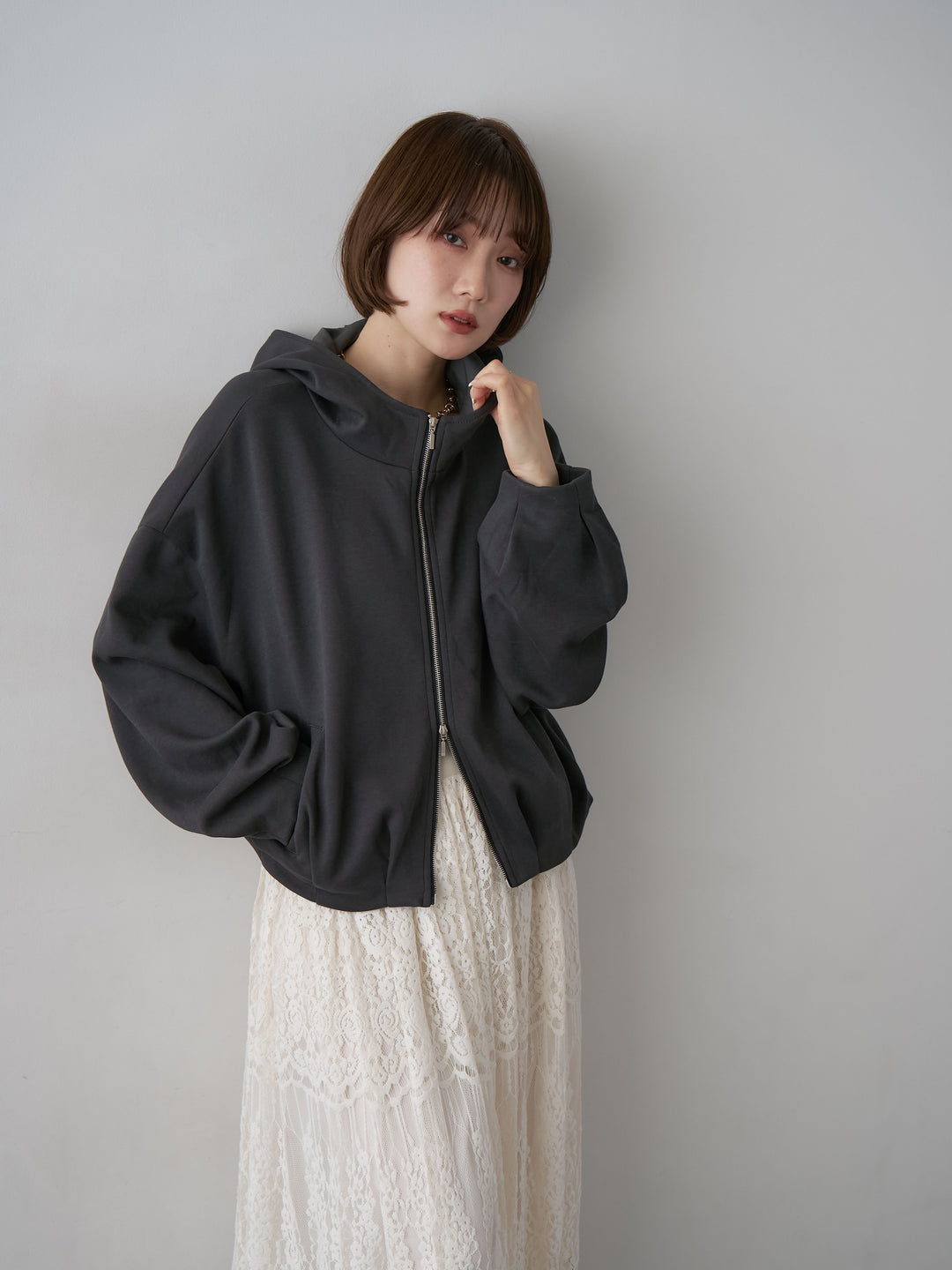 [予約]タックギャザースウェットフーディー/darkgray