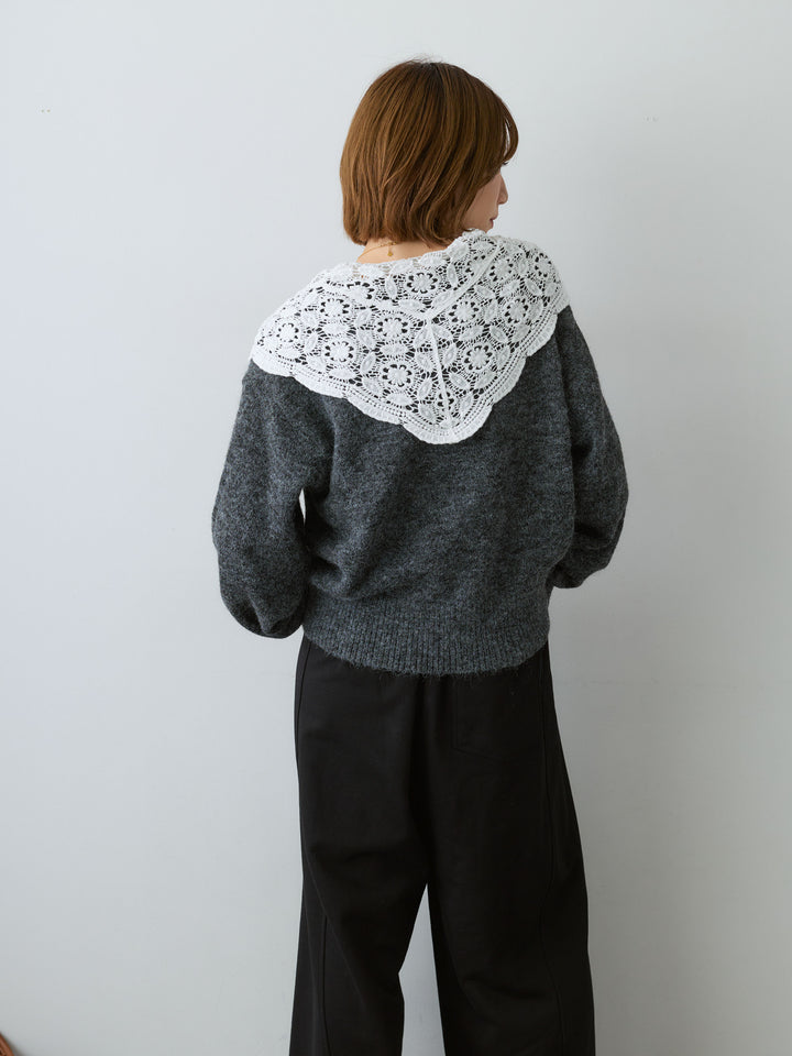 [SET]モヘアレースショールカラーカーディガン+カットオフスウェットワイドパンツ(2set)