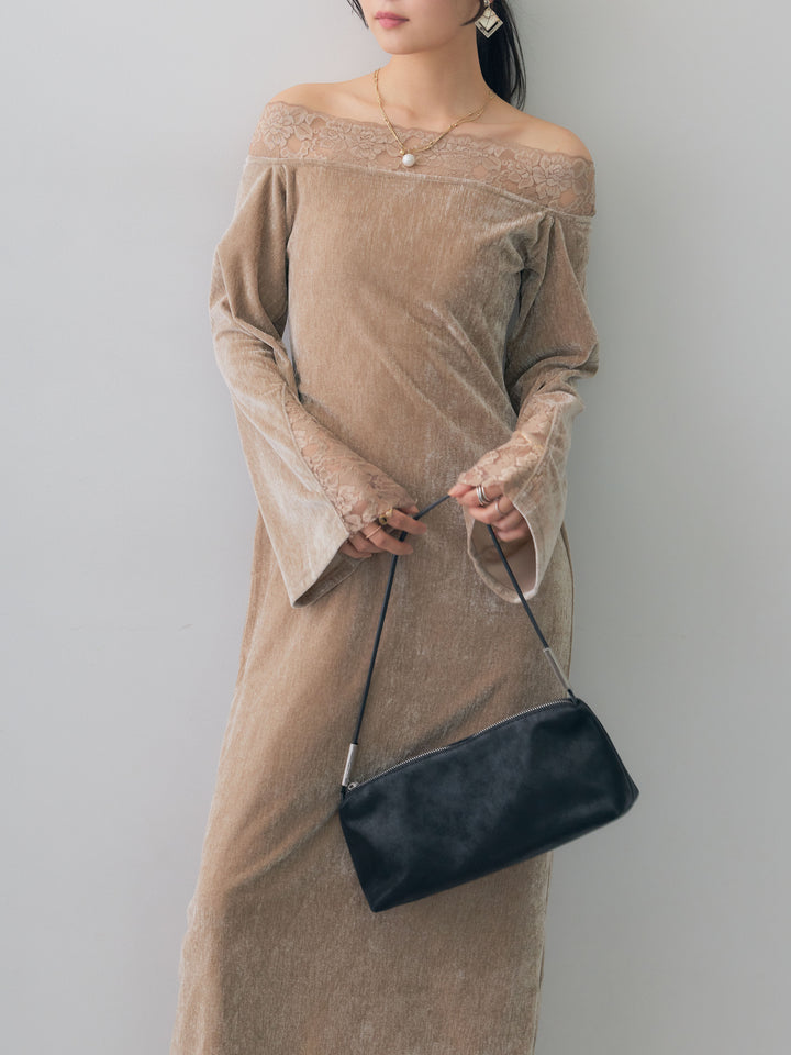 [予約]ベロアレースドッキングオフショルワンピース/beige