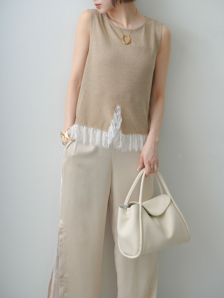 [予約]レースドッキングノースリニットトップス/beige