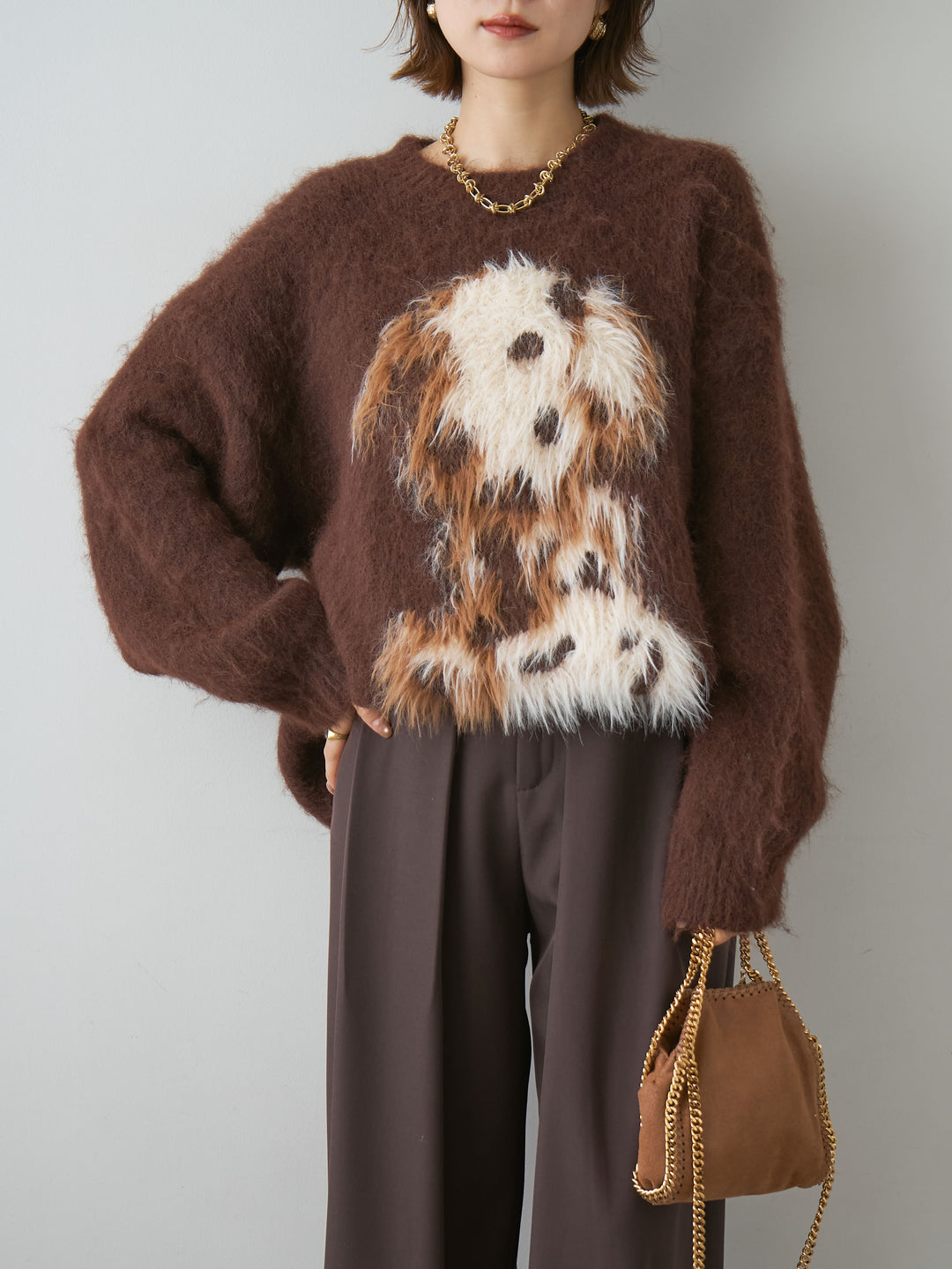 [予約]シャギードッグモチーフニットトップス/brown