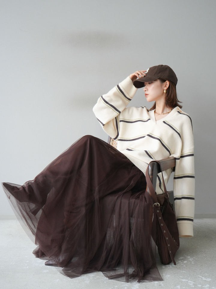 [SET]ポロ襟スキッパーボーダーニットプルオーバー+チュールボリュームスカート(2set)