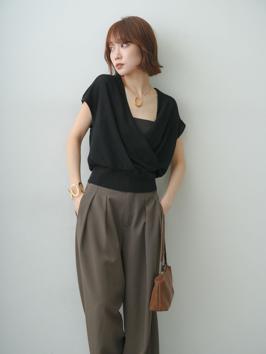 [SET]カシュクールフレンチニットトップス+選べるアクセセット(2set)
