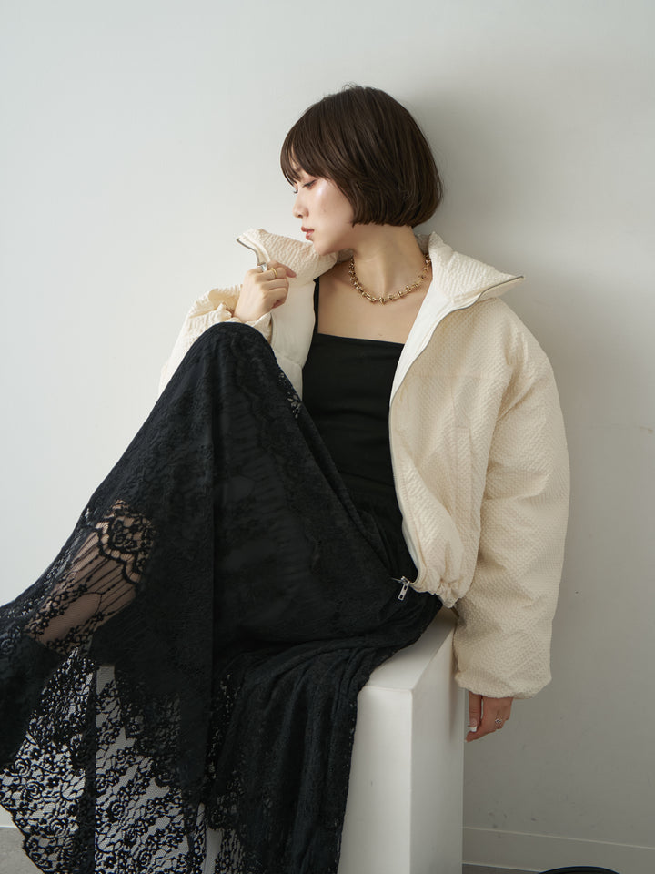 [SET]スタンドカラーショートパフジャケット+ベロアレースドレープフレアスカート(2set)