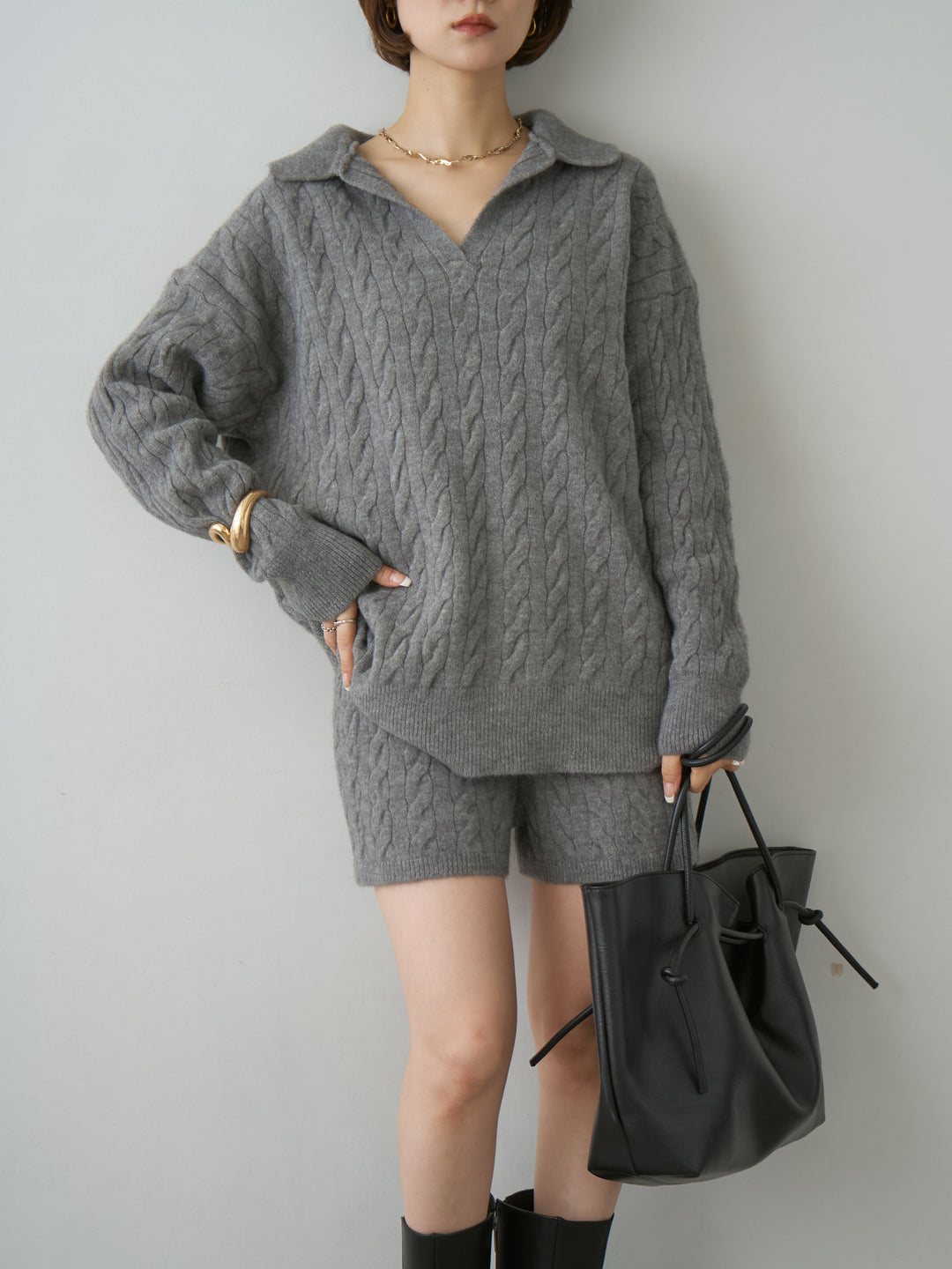 [SET]ケーブルスキッパーニットトップス＆ニットショートパンツSET UP(2SET)