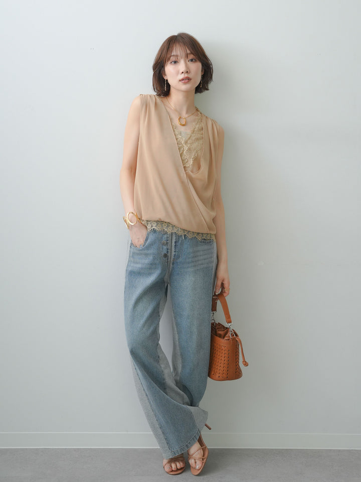 [SET]レースレイヤードカシュクールノースリブラウス+デニム切替スウェットパンツ(2set)