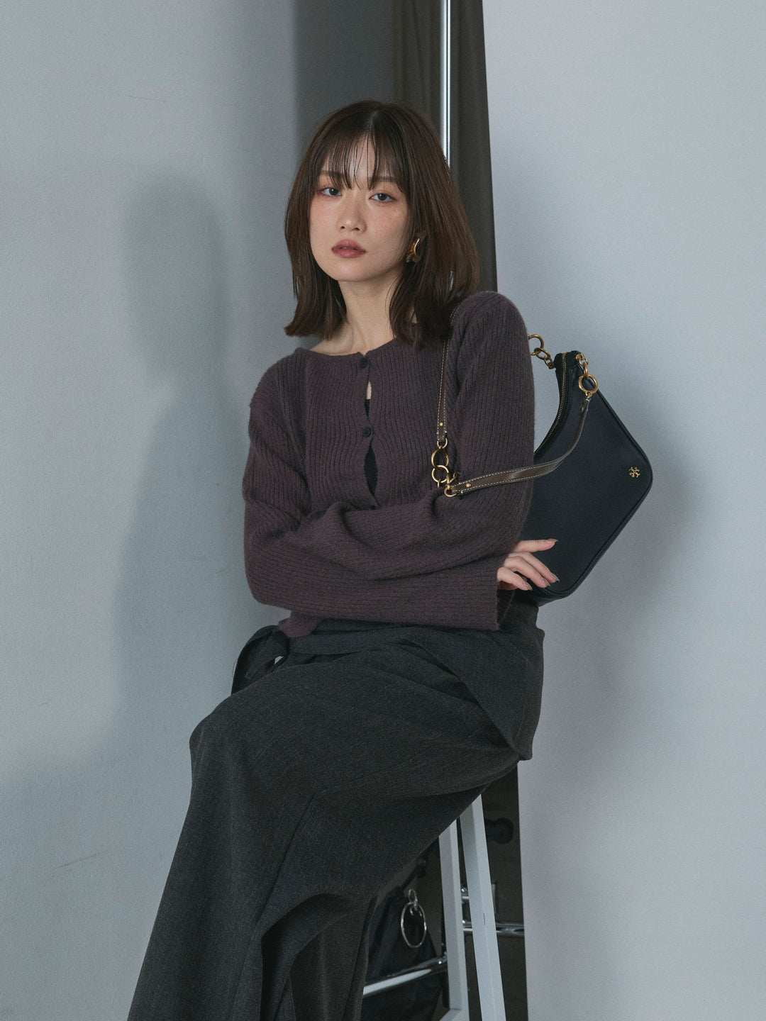 【Allure】[SET]デザインショートニットカーディガン+スカーフ付ワイドパンツ(2set)