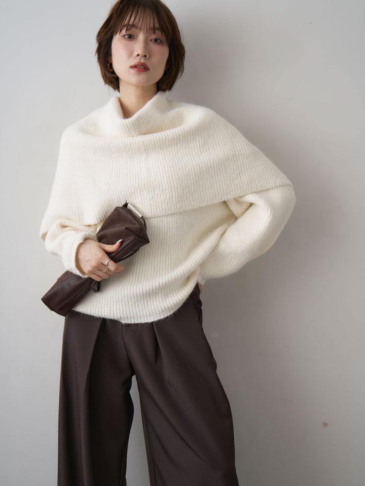 [予約]ケープドッキングデザインリブクルーネックニットトップス/ivory