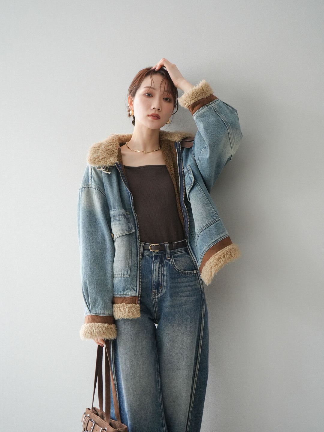 [予約]スタンドカラーファー×デニムジャケット/lightblue