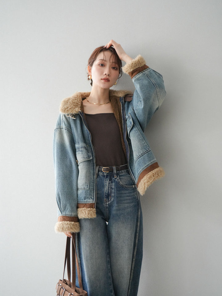 [予約]スタンドカラーファー×デニムジャケット/lightblue