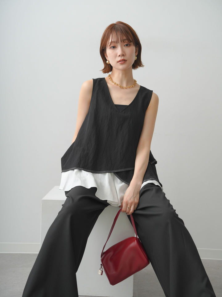 [予約]アシメフリルドッキングステッチノースリブラウス/black