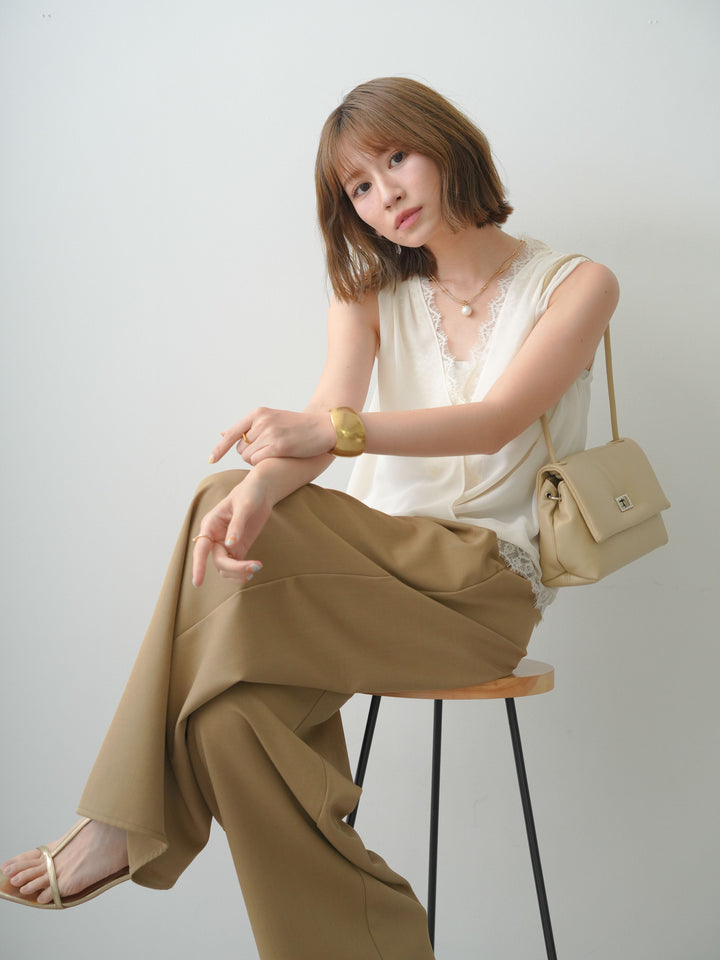 [SET]シフォンレースレイヤードノースリブラウス+クレープデシンタックワイドパンツ(2set)