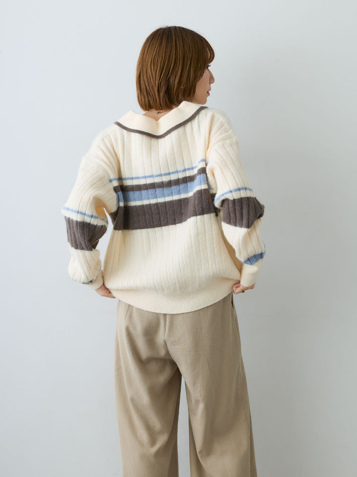 [予約]マルチボーダー起毛スキッパーニットトップス/ivory