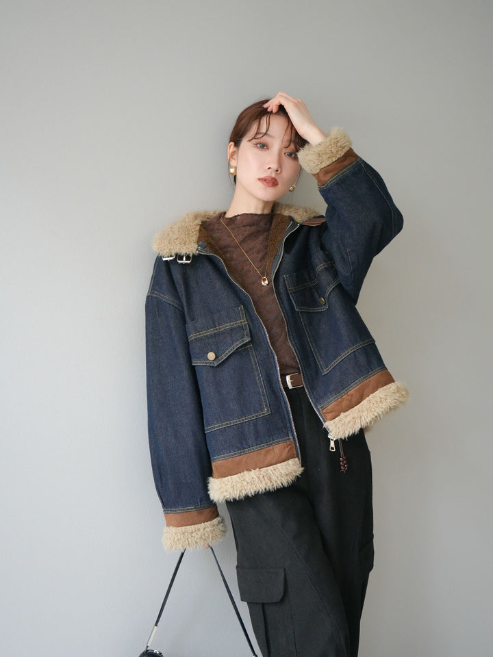 [予約]スタンドカラーファー×デニムジャケット/indigo