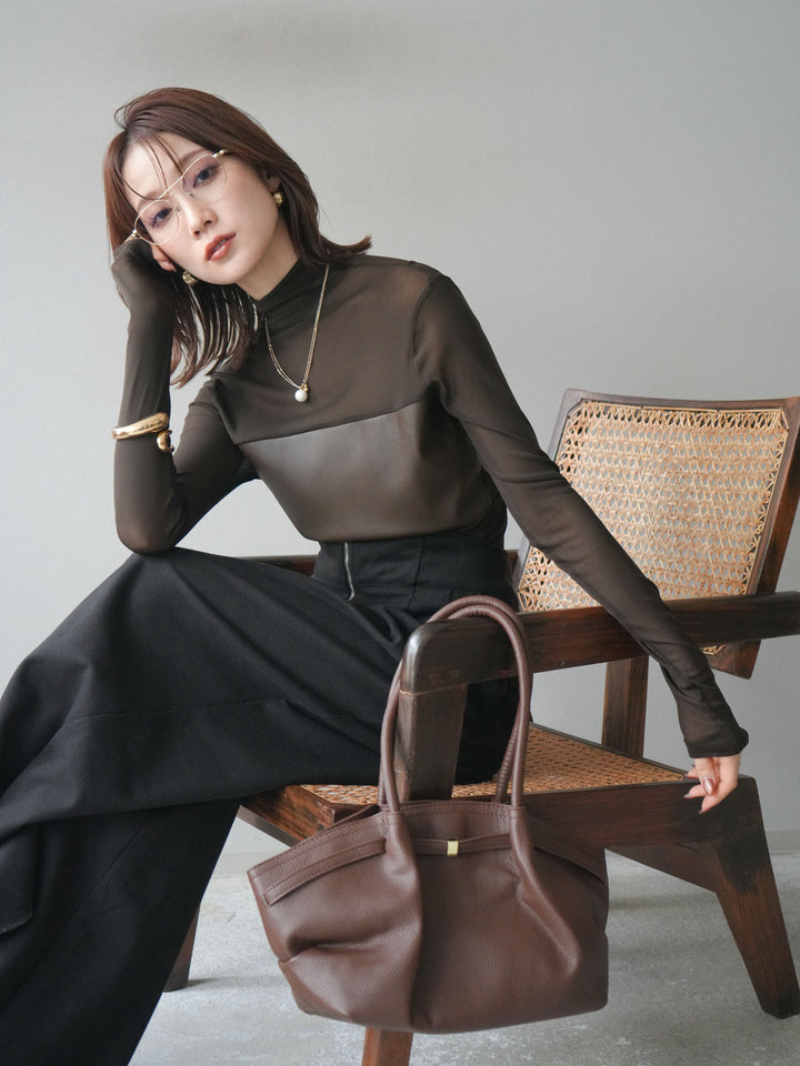 [予約]レザー切替プチネックシアートップス/khaki