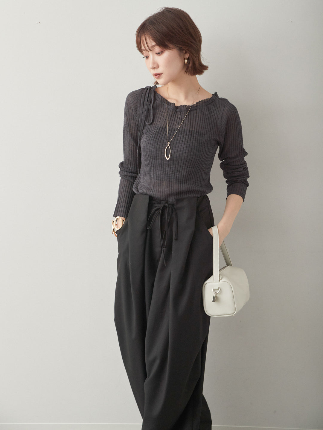 [SET]ショルダーリボンシアーリブニットトップス+ショルダーリボンシアーリブニットトップス(2set)