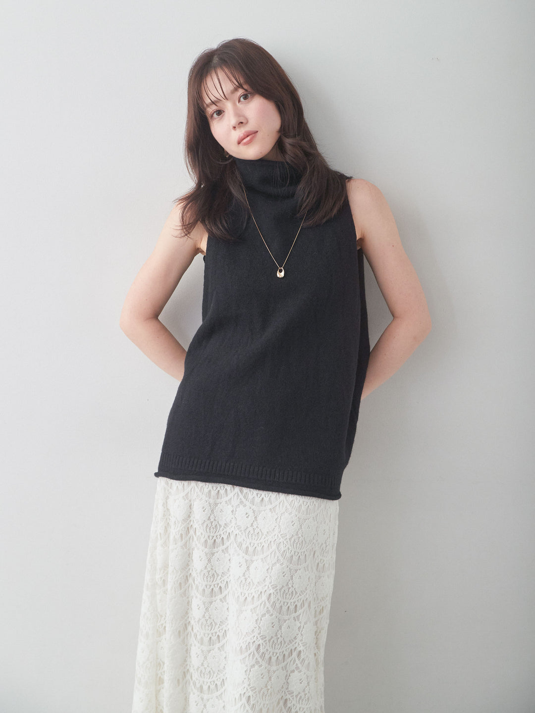 [予約]ハイネックアメスリワイドニットベスト/black