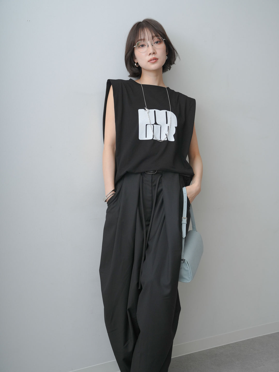 [SET]ワイドネックプリントTEE+ショルダータックノースリーブオーバーTEE(2set)
