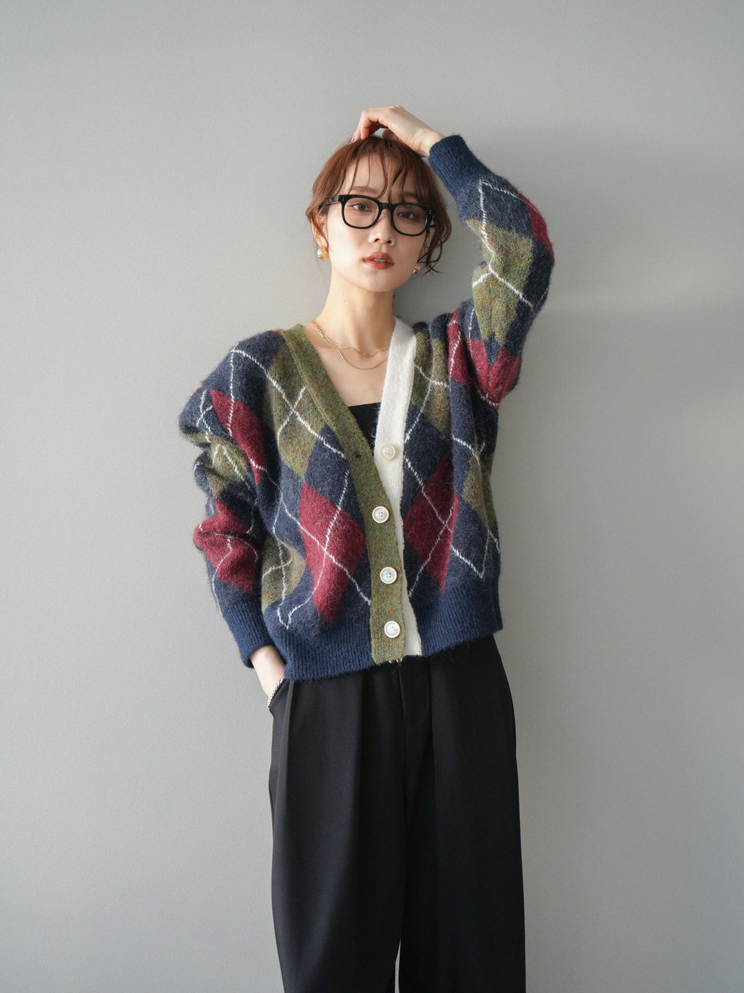 [予約]配色アーガイル柄ニットカーディガン/green