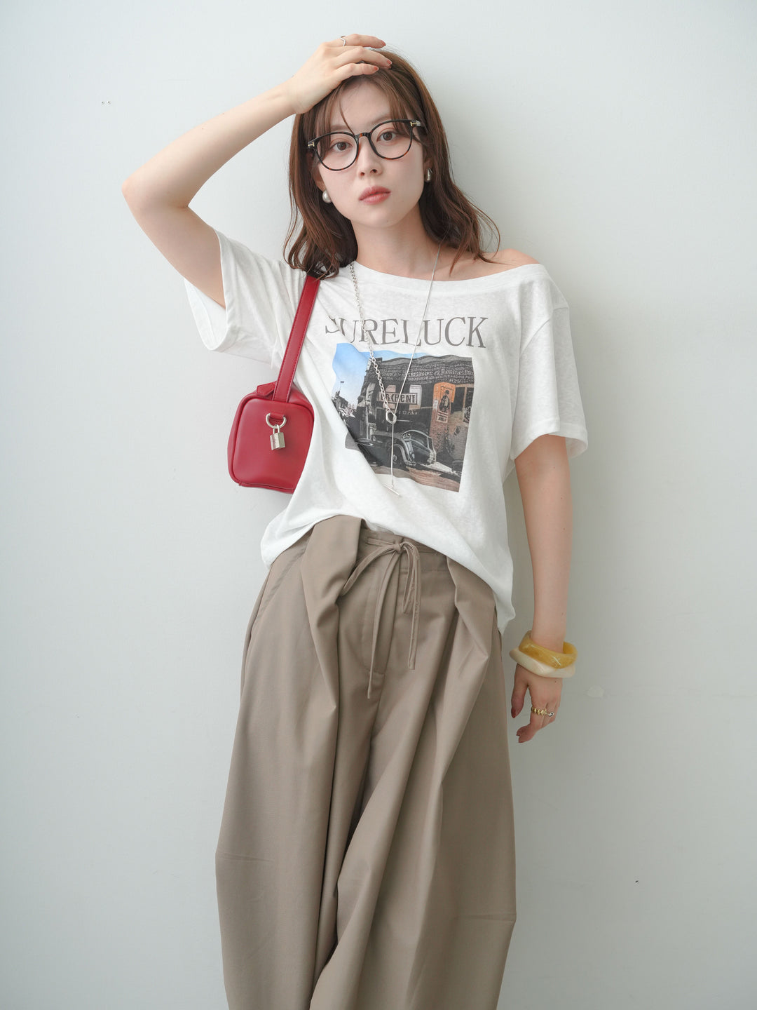 [SET]ワイドネックプリントTEE+ベルトループカーブタックワイドパンツ(2set)